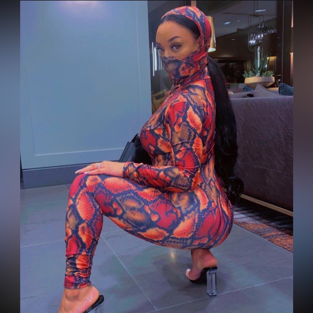 Custom vibrant snake skin onesie w/ hooded mask.Can be worn together or seperate